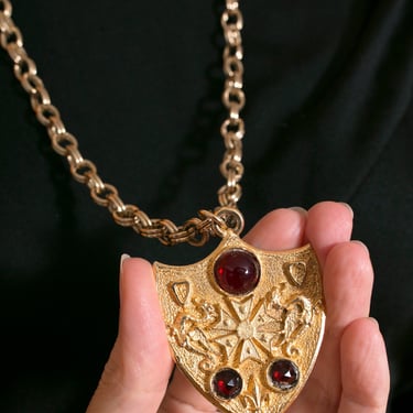 Dragons & Red Cabachons Gold Shield Gothic Vintage Pendant Necklace 