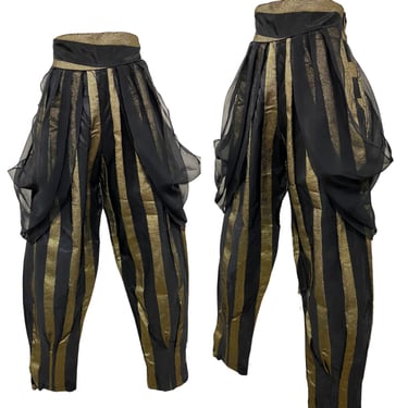 Vtg Vintage 1980s 80s Glam Disco Black Gold Metallic Harem Genie Trouser Pants 