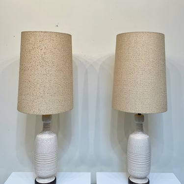 White Crackle Table Lamps, on Wooden  Base -  Pair 