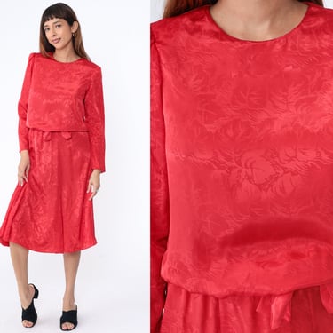 80s Blouson Dress Red Embossed Midi Dress Long Puff Sleeve Leaf Print Secretary Dess Retro High Waisted Shiny Vintage 1980s Medium M 