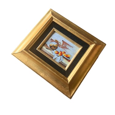 Painted Enameled Copper Still Life Art with Gold Frame 