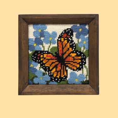 Vintage Butterfly Crewel Retro 1970s Size 6X6 + Mid Century Modern + Monarch + Handmade + Bohemian + Embroidery + Wooden Frame + Wall Decor 