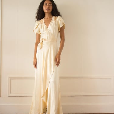 1970s Does 1930s Pearl Satin Wrap Dress 