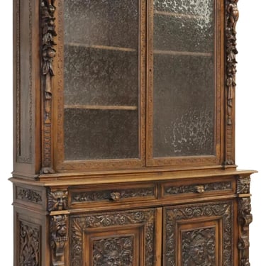 Antique Bookcase Italian Renaissance Revival, Carved, Walnut, Glazed Doors,1800s
