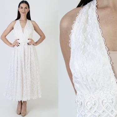 Scott McClintock Victorian Lace Dress 80s Floral Bridal Gown Retro Full Skirt Low Cut Maxi Dress Size 8 