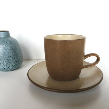 Vintage Heath Ceramics Studio Mug And Saucer in Sandalwood, Edith Heath Low Handle Coffee Cup, Modernist Ceramics From Saulsalito 