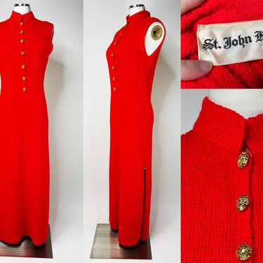 1970s Bright Vibrant Red Hostess Maxi Sleeveless Dress w Gold Buttons by St. John Knits Medium | Vintage, Mid Century, Mod, Winter, Xmas 