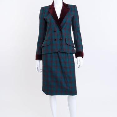 Plaid Velvet Trim Jacket &amp; Skirt Set