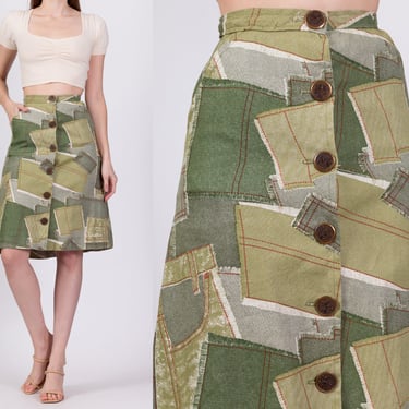 70s Patchwork Denim Print Skirt - Extra Small, 23" | Vintage Green A Line Boho Button Front Midi Skirt 