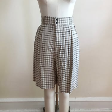Tan and Black Plaid Pleated Shorts - 1980s 