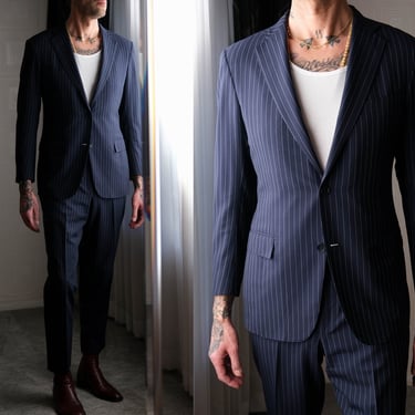 Ermenegildo Zegna Milano Navy Blue Pinstripe Wool & Silk Slim Fit Suit | Made in Switzerland | Size Euro 50 | Italian Designer Mens Suit 
