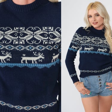 Vintage Nordic Sweater 70s 80s Reindeer Animal Sweater Boho Navy Blue Ski Pullover Knit Fair Isle Bohemian Christmas Extra Small xs 2xs 