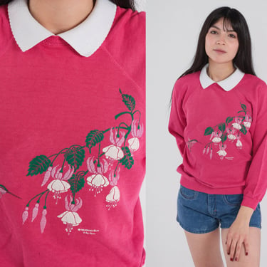 Floral Sweatshirt 90s Pink Collared Sweatshirt Hummingbird Fuchsia Flower Bird Graphic Grandma Sweater Vintage 1990s Morning Sun Small S 