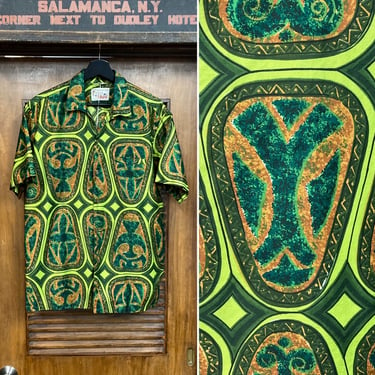 Vintage 1960’s Size L Tiki Mod Pop Art Cotton Tropical Hawaiian Shirt, 60’s Vintage Clothing 