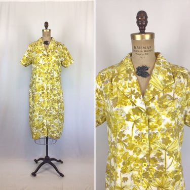 Vintage 50s dress | Vintage yellow cotton day dress | 1950s floral print house dress 
