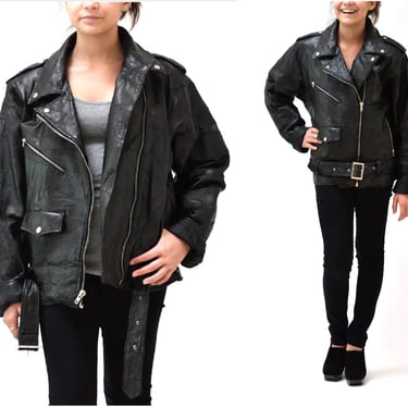 Vintage Black Leather Motorcycle Jacket SIze Mens Small Women Large XL// Vintage Black Leather Biker Jacket Size Large XL Patchwork Leather 