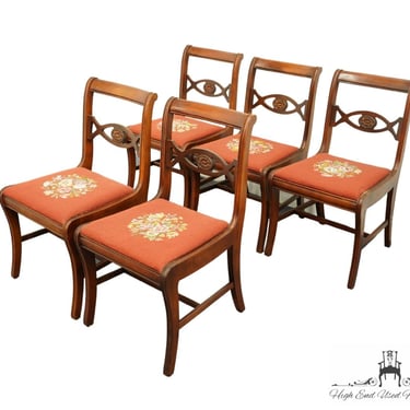 Set of 5 Vintage Antique Solid Cherry Duncan Phyfe Style Dining Side Chairs w. Needlepoint Seats 