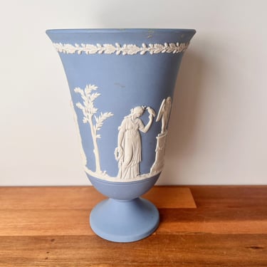 Blue and White Grecian Pedestal Vase. Vintage Wedgewood Jasperware Vessel. 