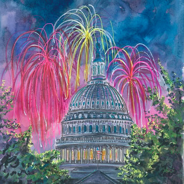 Original Mixed Media U.S. Capitol Washington D.C. Fireworks Art by Cris Clapp Logan 