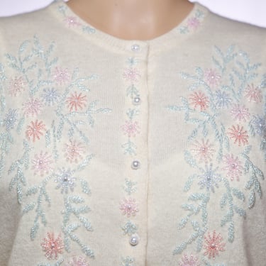 Vintage 50s/60s Cream Beaded Cardigan Sweater Angora Wool | Medium 