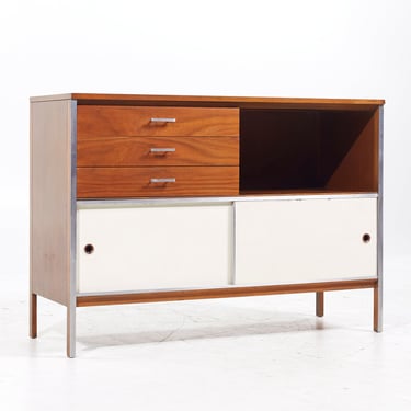 Paul McCobb for Calvin Mid Century Walnut and Stainless Steel Sliding Door Credenza - mcm 