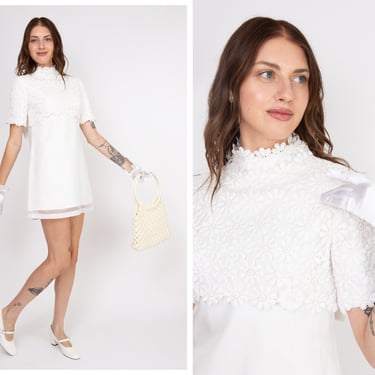 Vintage 1960s 60s White Crochet Daisy Bodice Mini Dress w/ High Neckline, Column Skirt, Bow Detail // Sharon Tate Short Wedding Engagement 
