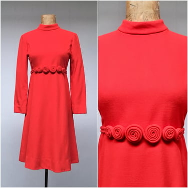 Vintage 1960s Mod Dress, 60s Bright Orange-Red Jackie O Style Wool Princess Seam A-Line Frock w/Pockets, Small 34