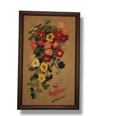 Vintage Nasturtiums Needlecraft, Crewel Framed Flowers, Pattern by Erica Smith, Handmade Wall Hanging, Cottagecore, Retro Vintage Wall Art 