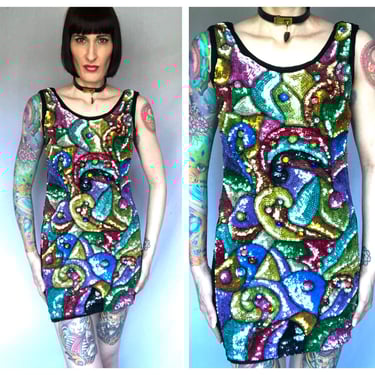 Vintage 90s Rainbow Sequin Geometric + Black Spandex Body Con Mini Dress - size Small Medium 
