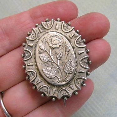 Antique Victorian Sterling Silver Brooch with Flowers, Antique Victorian Locket Pin, Old Victorian Pin, Sterling Flower Locket Pin (4326) 