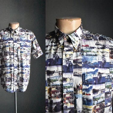Vintage 1990s Mens Ralph Lauren Button Up Shirt / Vintage 90s Ship Shirt / Ship Boat Scene / 90s Ship Boat Button Down 