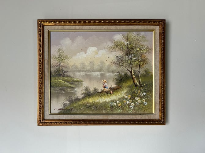 Charles Manning Impressionist Young Boy Fishing Oil on Canvas