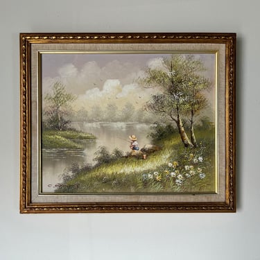 Charles Manning Impressionist Young Boy Fishing Oil on Canvas Painting 