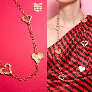Chic Vintage 70s 80s 90s Gold Hammered Heart Long Chain Statement Necklace 