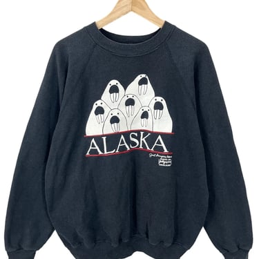 Vintage 80's Alaska Walrus Art Black Raglan Sweatshirt Fits L/XL