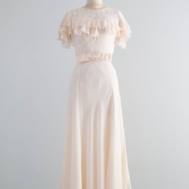 Elegant 1930's Cream Puff Silk Chiffon And Lace Bridal Gown / SM