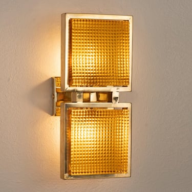 Wall sconces with amber Murano glass brick with brass frame, handmade Space Age sconce lamps Made in Italy 