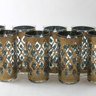 Culver Seville 22 Karat Gold and Green Highball Glass Set of 8 