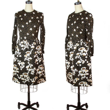 1970s Dress ~ Jersey Top Black Background White Flower Power Midi Dress 