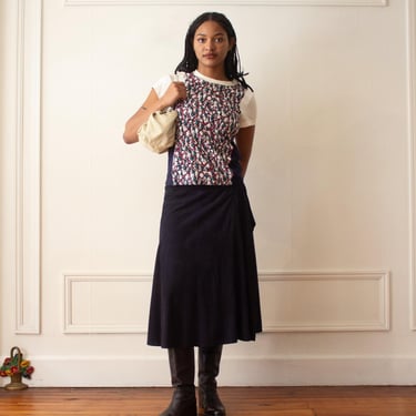 1980s Navy Blue Suede Side Button Midi Skirt 