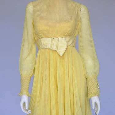 1960s yellow silk chiffon pleated Travilla dress XS 