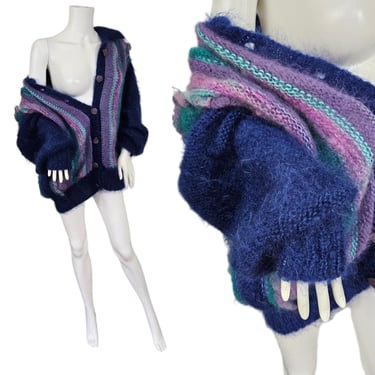 1980s Fuzzy Blue Striped Handknit Scottish Mohair Cardigan Sweater I Sz Lrg I Volup I Oversized 