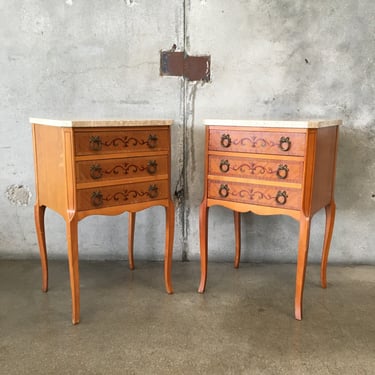 Pair of Vintage French Two Drawer Marble Top Nightstands