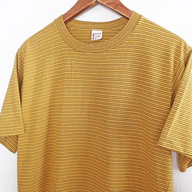 vintage striped shirt / 60s surf shirt / 1960s Penneys Towncraft mustard striped surf t shirt XL 