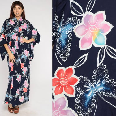 Floral Butterfly Kimono Y2K Navy Blue Cotton Robe Maxi Jacket Japanese Full Length Asian Boho Hippie Vintage 00s Small Medium Large 