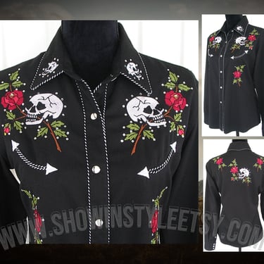 Brooks & Dunn Vintage Retro Western Women's Cowgirl Shirt, Black with Embroidered Skulls and Roses, Tag Size Medium (see meas. photo) 