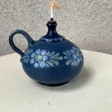 Vintage cottage chic blue green  floral Mini pottery oil lamp signed 