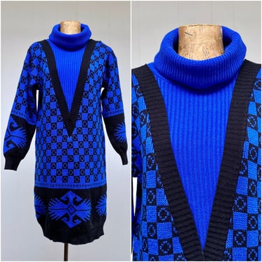 Vintage 1980s New Wave Sweater Dress, Slouchy Royal Blue and Black Geometric Pattern Acrylic Knit, Medium 