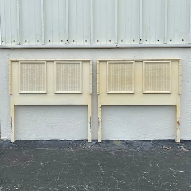 Set of 2 Vintage Twin Headboards with Faux Bamboo and Rattan - Coastal Hollywood Regency Bedroom Furniture Pair 