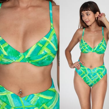 90s Bikini Set Neon Green Blue Checkered Two Piece Swimsuit High V Waist Check Swim Suit Top Bottoms Retro Swimwear Vintage 1990s Large L 